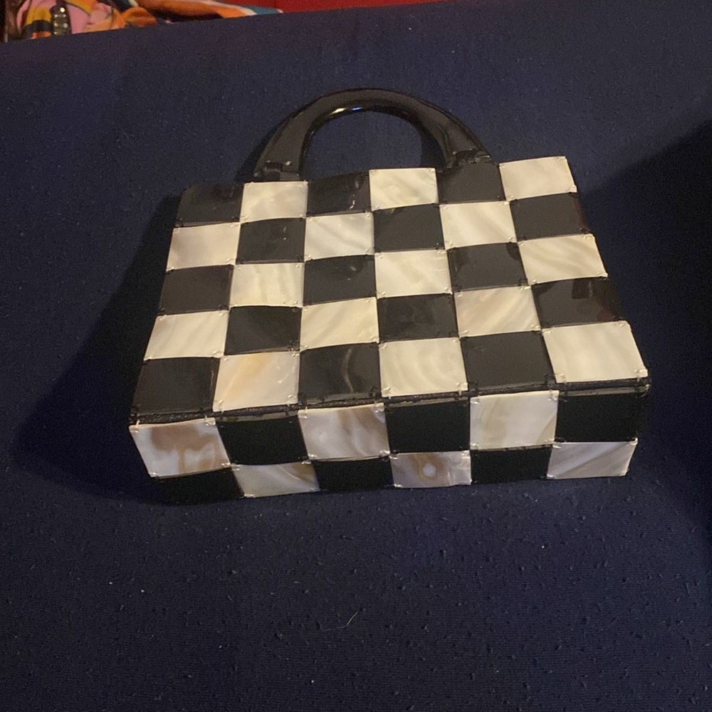 Retro Black White Mini Checkered Purse Mother of Pearl - Picture 2 of 6